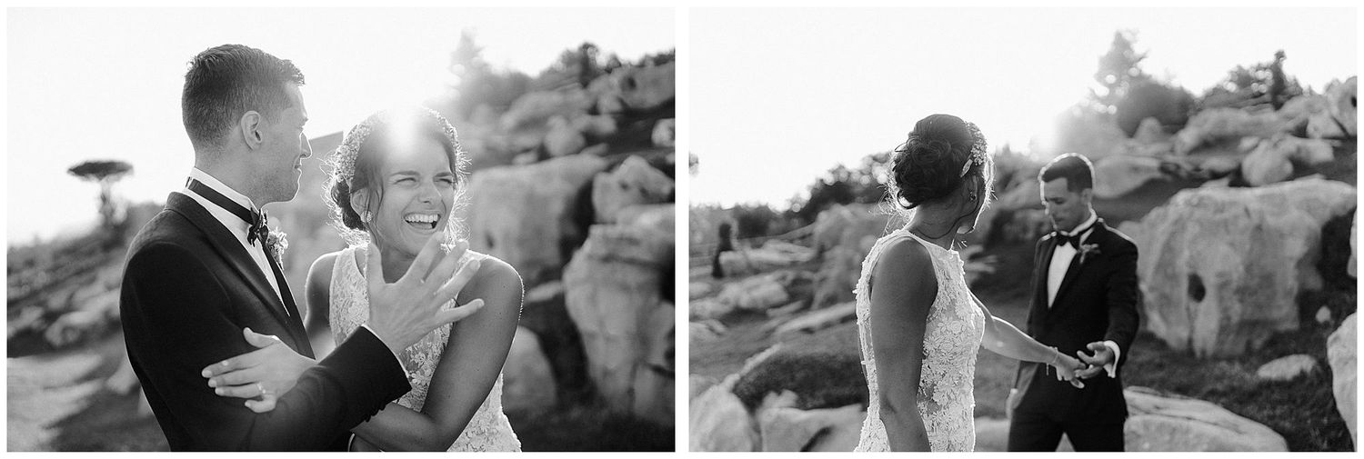Two people captured in intimate black and white moments during an outdoor mountain elopement ceremony.
