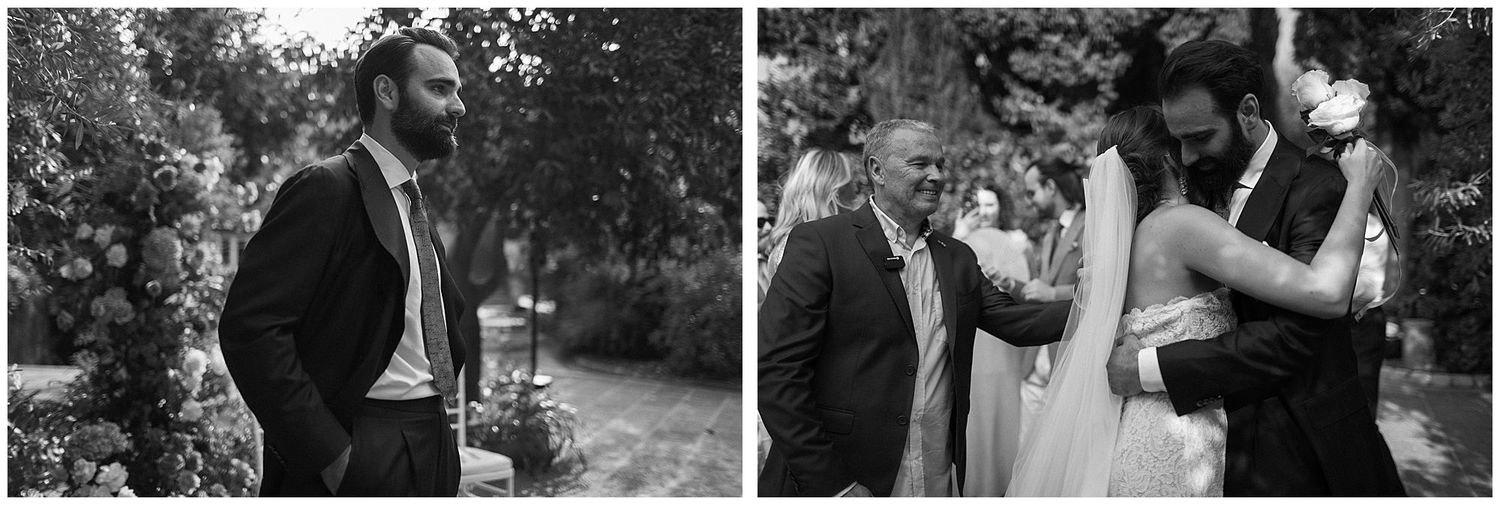 Two black and white candid photos of outdoor wedding celebrations showing tender emotional moments between groups.