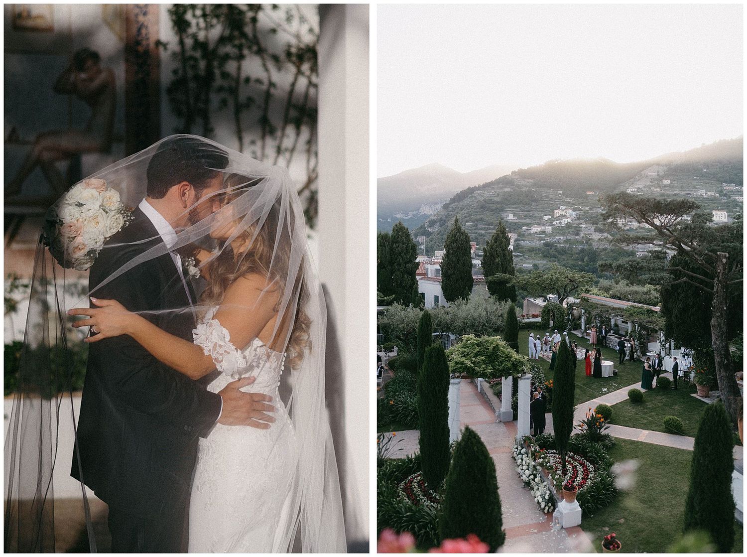 Wedding celebration at a scenic Italian villa overlooking rolling hills and cypress trees on a misty afternoon.