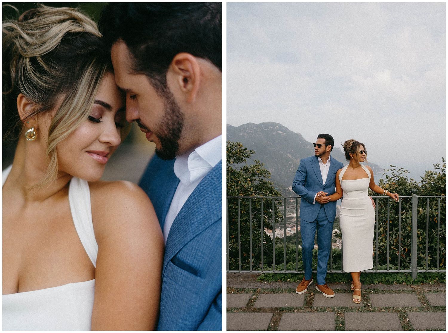 Couple celebrates their wedding day with intimate photos against mountain scenery at scenic overlook.