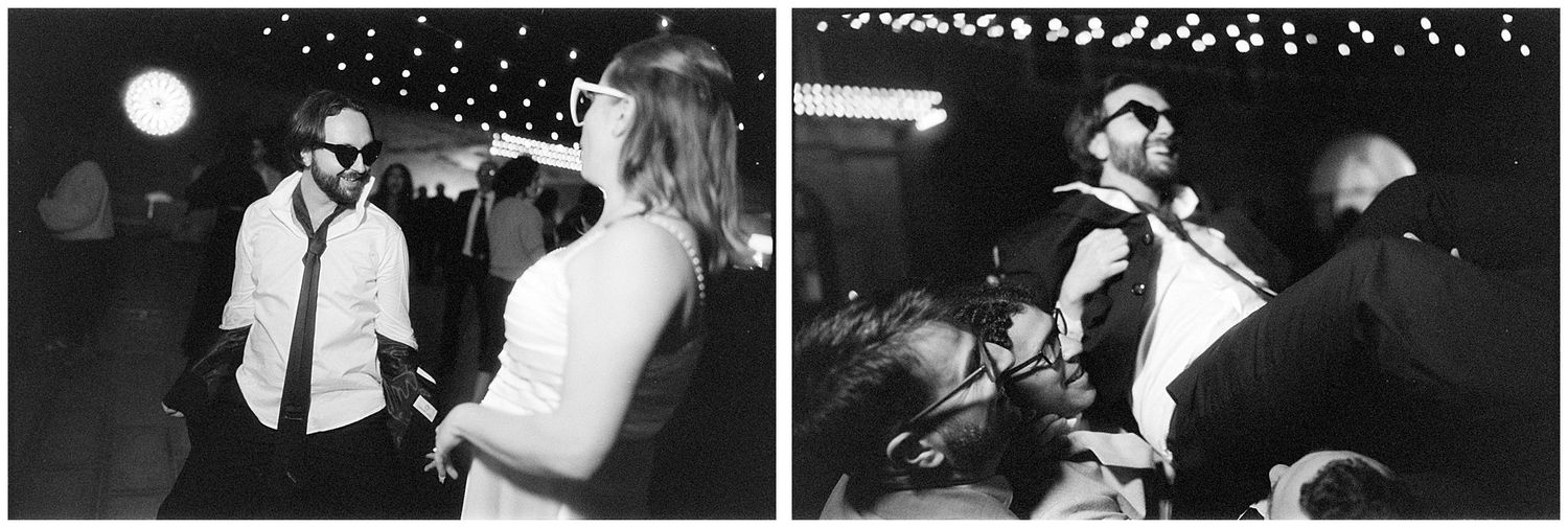 Two grainy black and white concert photos show performers energetically singing into microphones under spotlights.