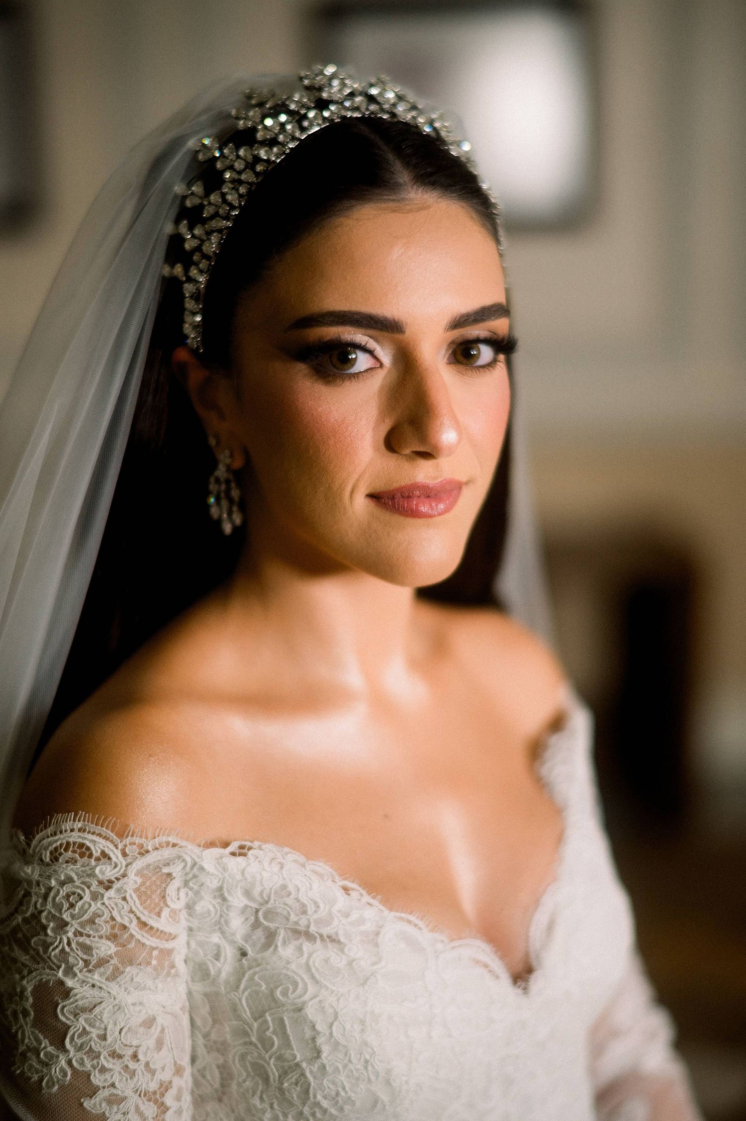 A bride wearing an ornate crystal headpiece and veil with delicate lace details and classic bridal makeup in a soft portrait.