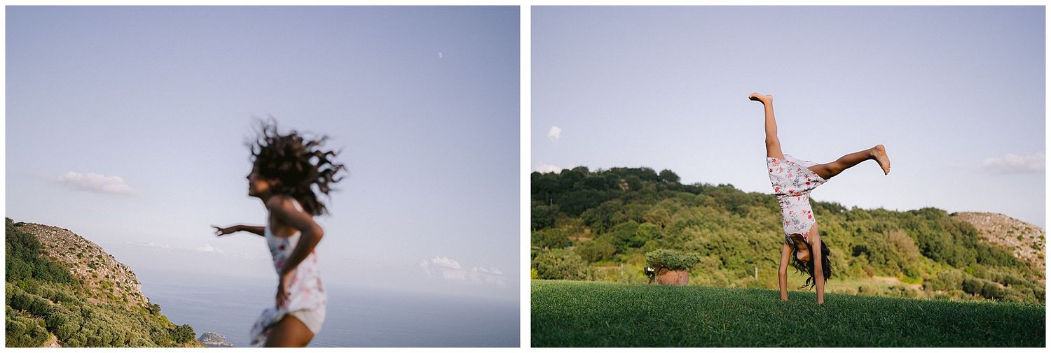 Silhouettes of two dancers in contrasting poses against natural landscapes at different times of day.