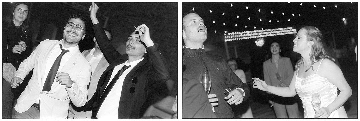 Two black and white party photos show people dancing and celebrating with drinks at a lively nighttime gathering.
