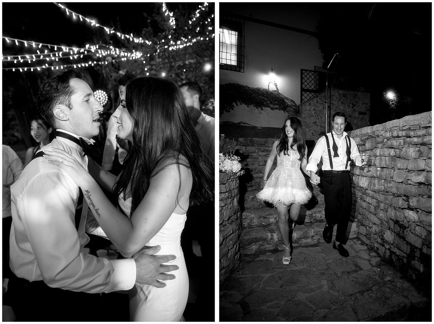 A couple shares an intimate dance under twinkling lights at an outdoor wedding reception on a brick patio.