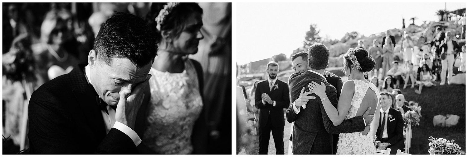 Two black and white wedding images showing emotional moments between bride and groom during outdoor ceremony.