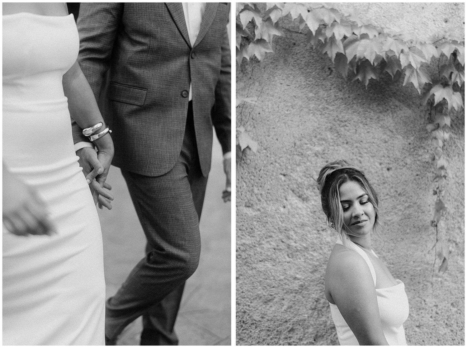 A series of black and white wedding photos showing elegant formal attire and romantic moments between newlyweds.