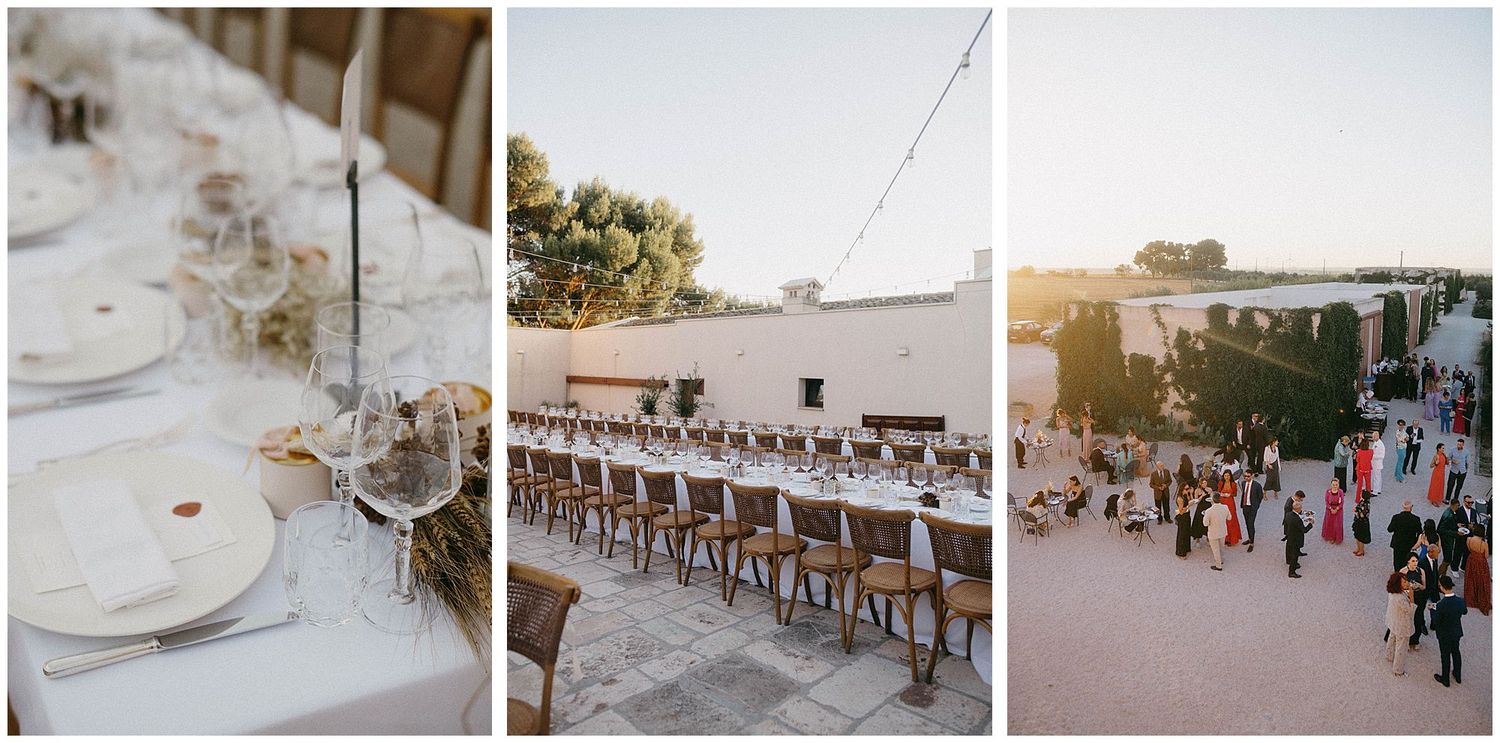 Elegant wedding photo collage showing venue details, table settings, and outdoor ceremony spaces in warm sunset lighting.