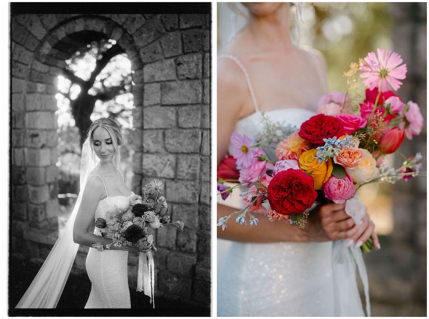 Side by side wedding photography featuring a dramatic archway pose and vibrant pink and red floral bouquet detail.