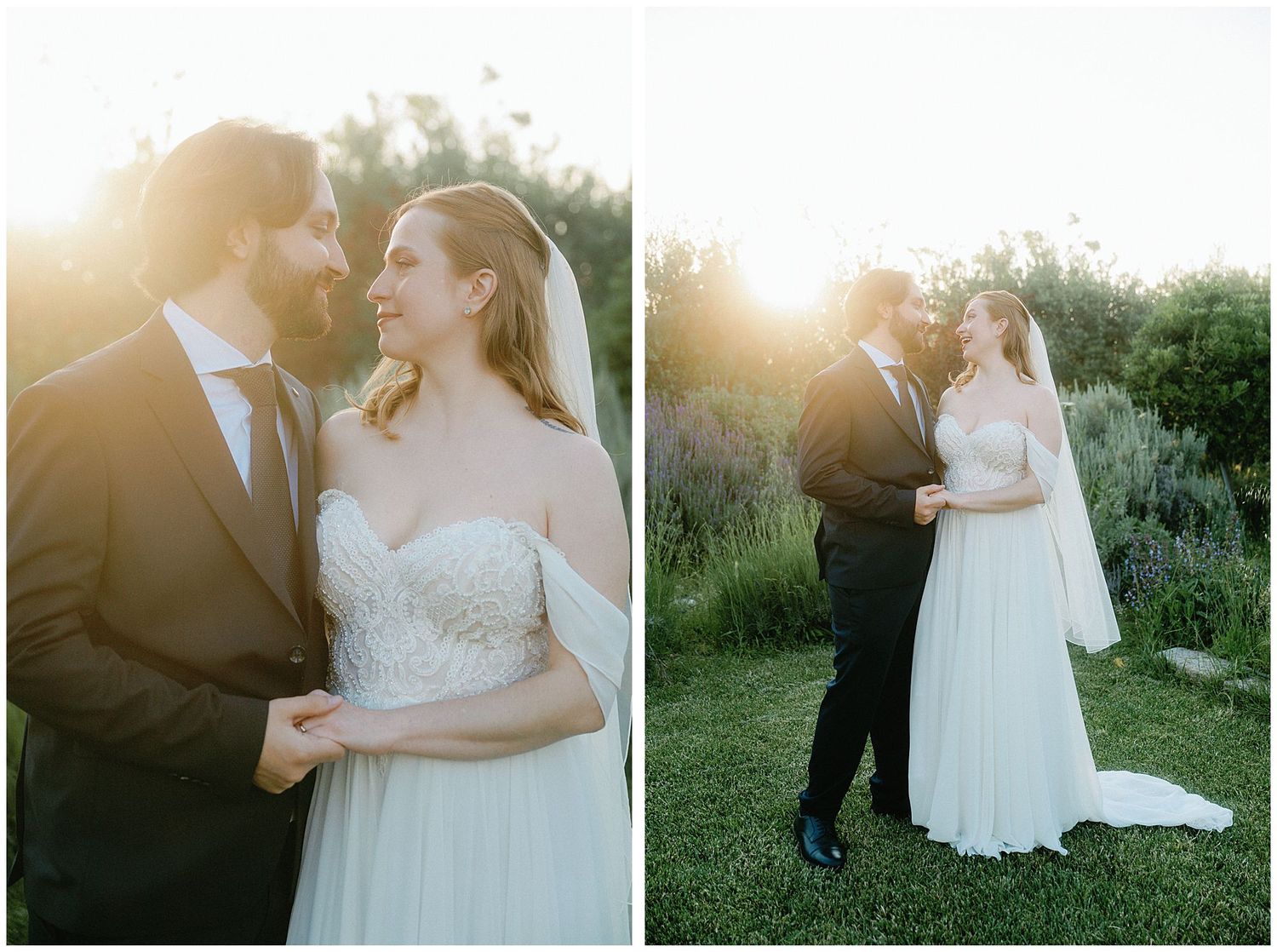 Two romantic outdoor wedding photos showing a couple on their special day in golden sunlight.