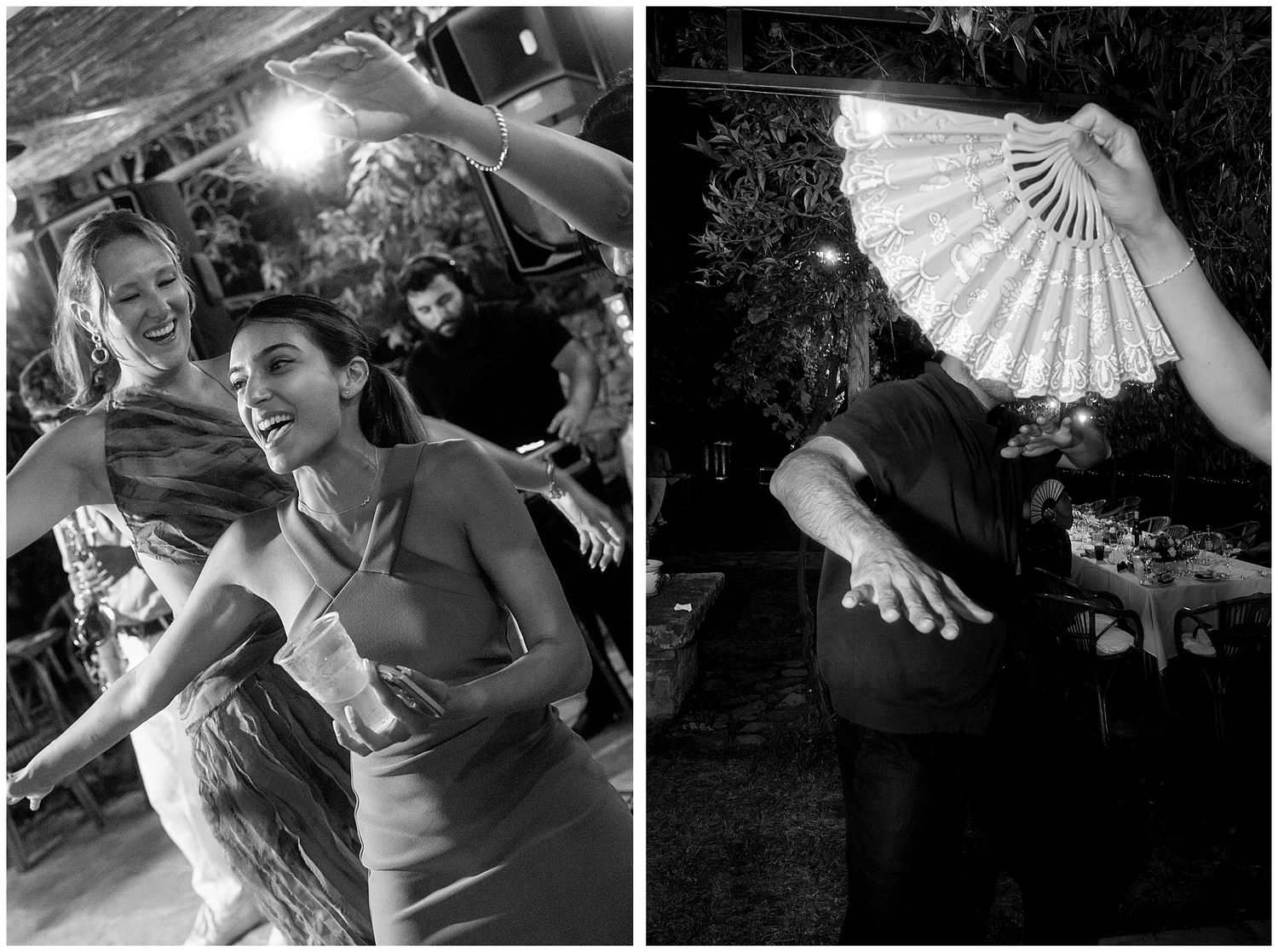 Two black and white vintage photos show people dancing at a social gathering and someone holding a decorative fan.