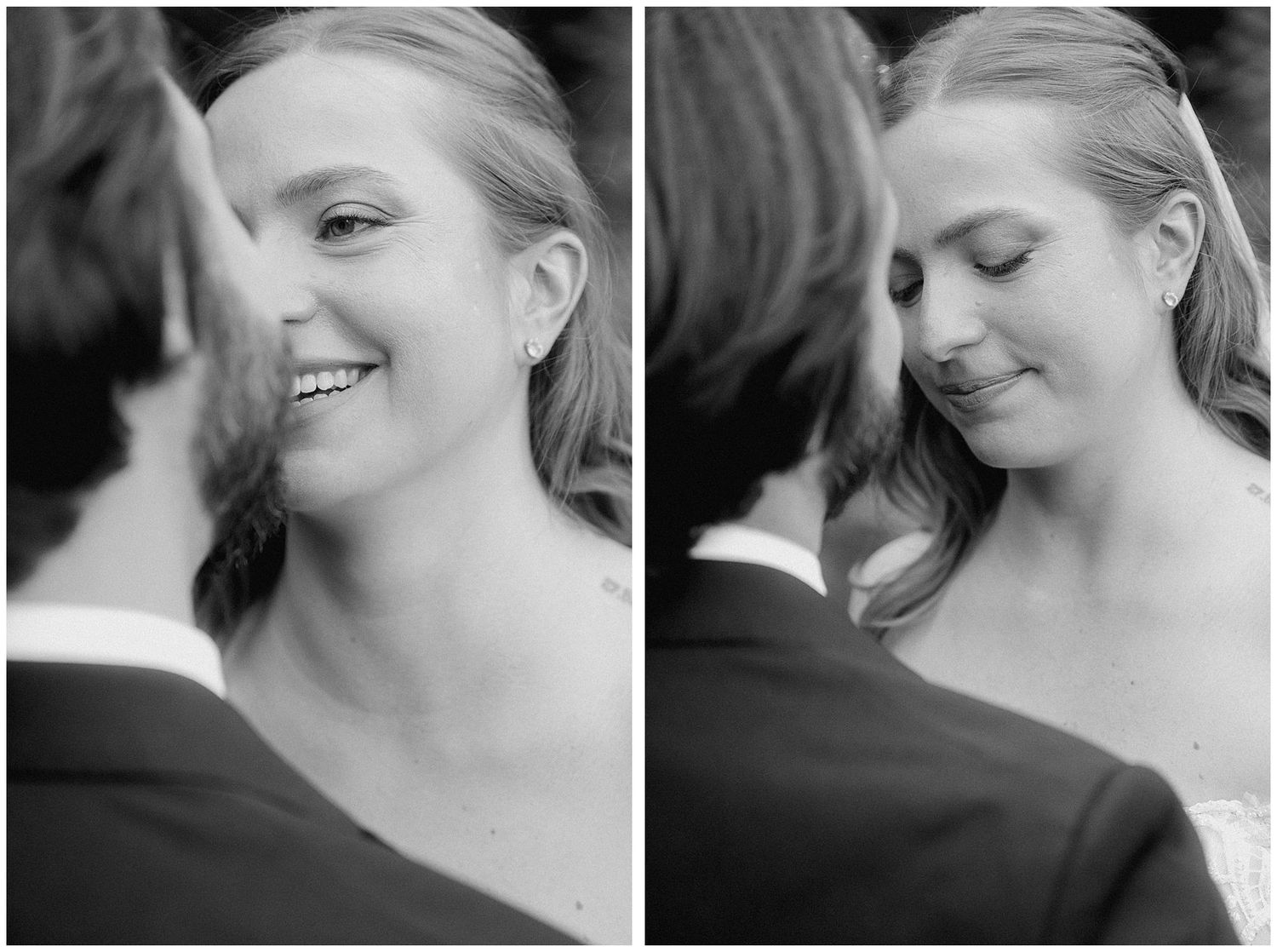 Black and white candid portrait showing a romantic moment between a bride and groom during their wedding ceremony.