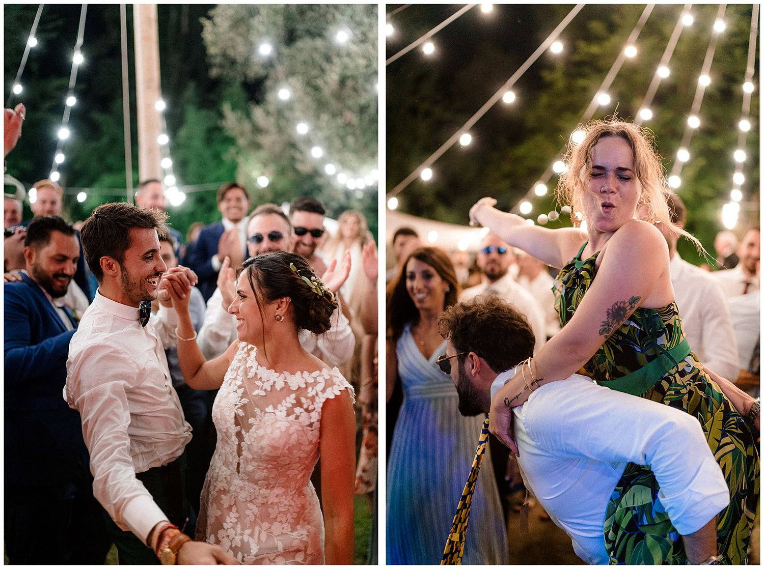 Guests celebrating and dancing enthusiastically at a lively outdoor wedding reception under string lights.