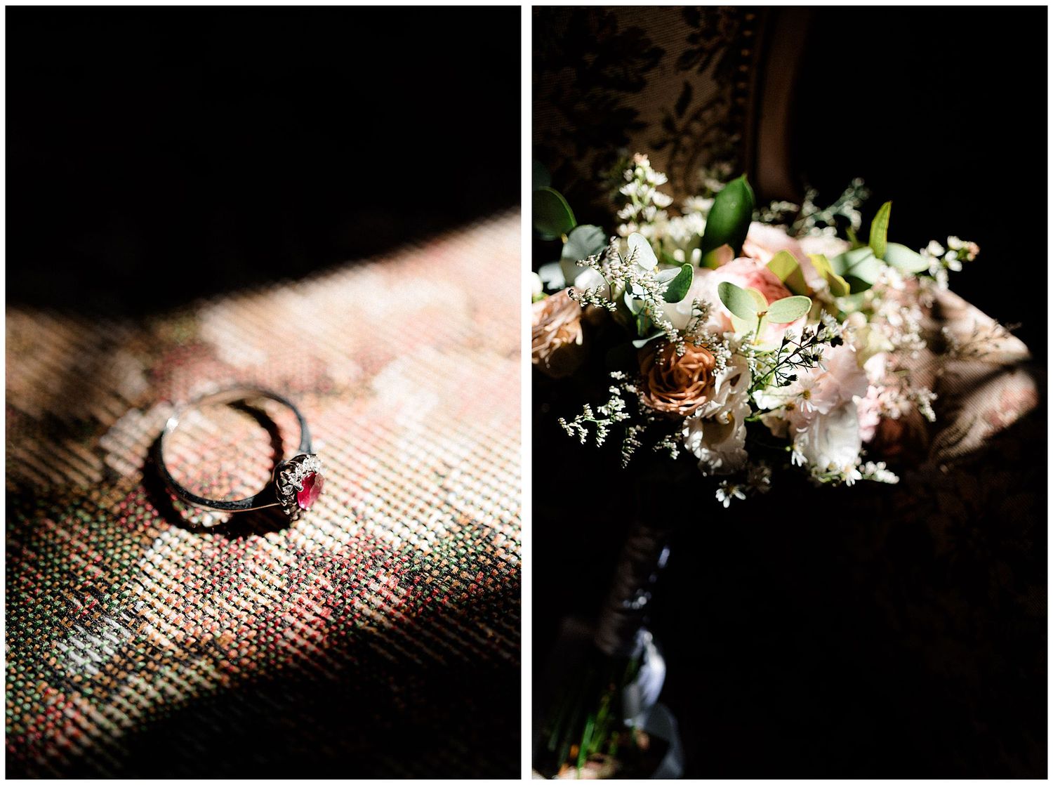 A delicate wedding ring rests on textured fabric beside a romantic white floral bouquet arrangement in a dark setting.