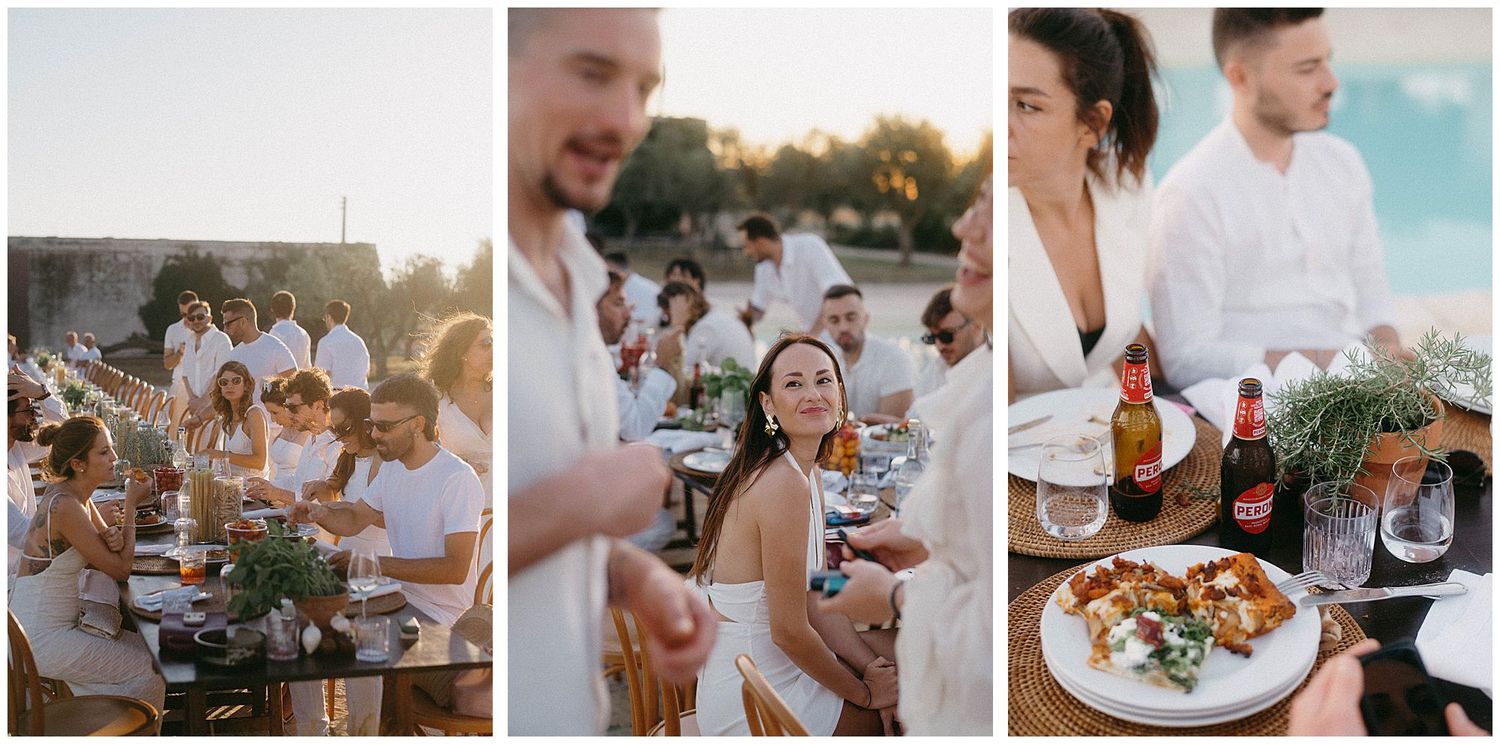People enjoy outdoor dining and drinks at sunset during an elegant garden party celebration.
