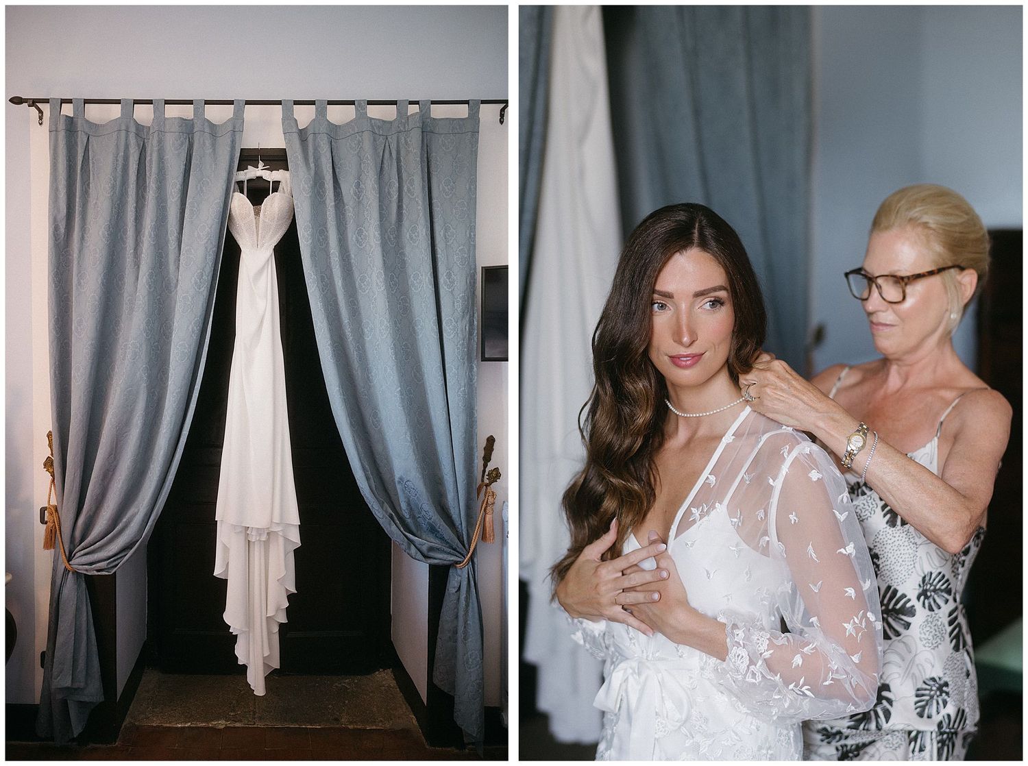 A wedding dress hangs between light blue curtains next to fitting room scene during bridal preparations.
