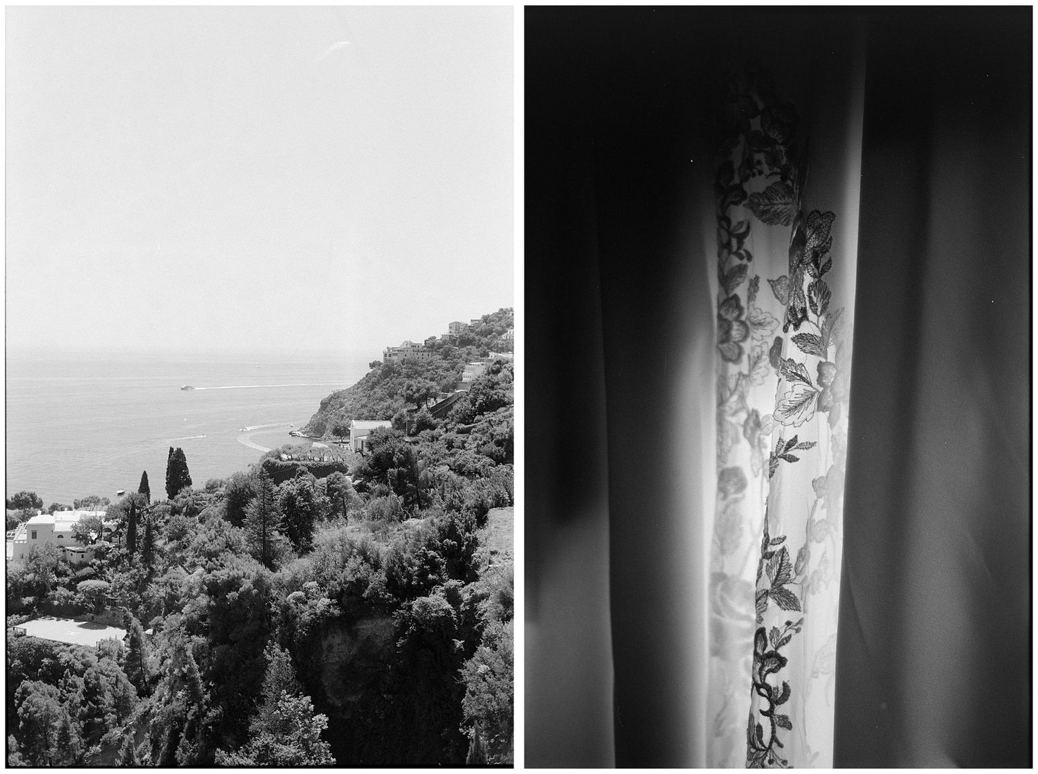 A black and white diptych showing a coastal landscape and an ornate decorative curtain panel.