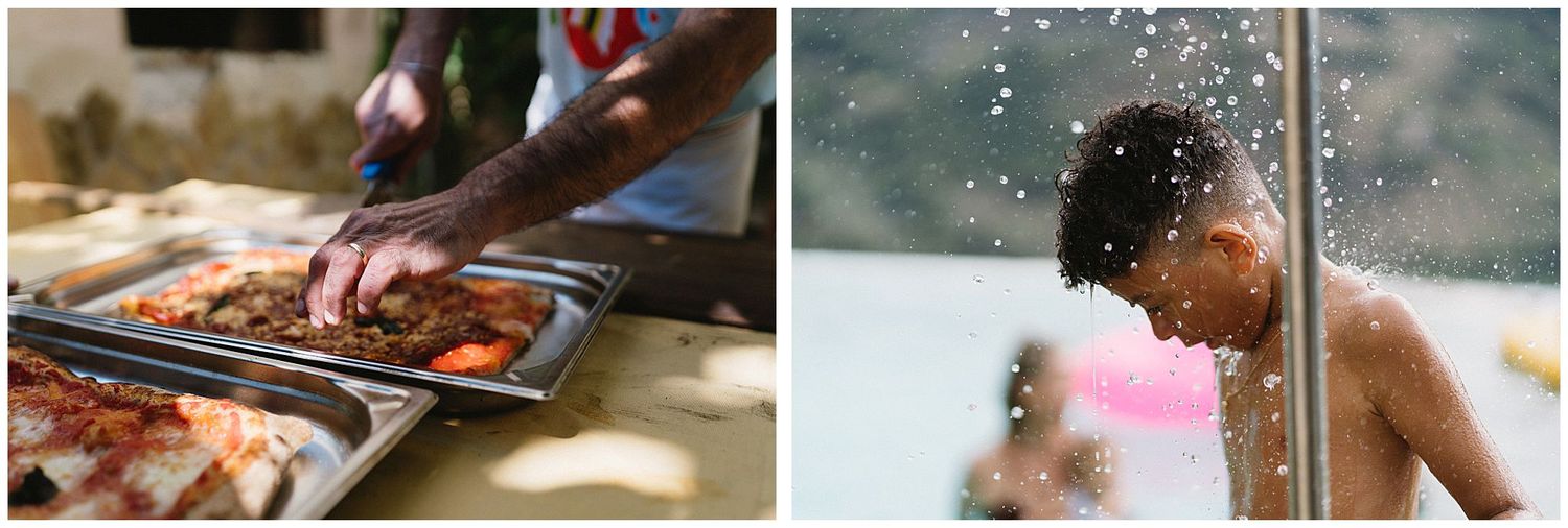 Hands prepare raw meat and seafood on a wooden cutting board while a person splashes in a swimming pool.