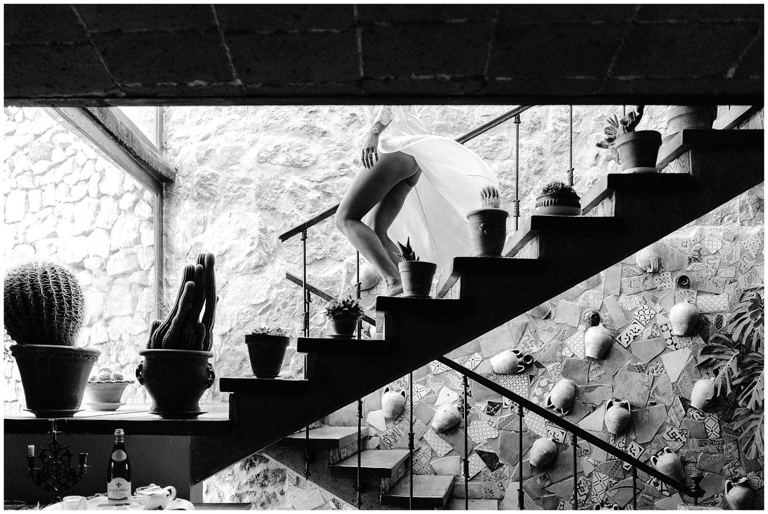 A black and white photo of cacti plants arranged on stairs against a textured stone wall.