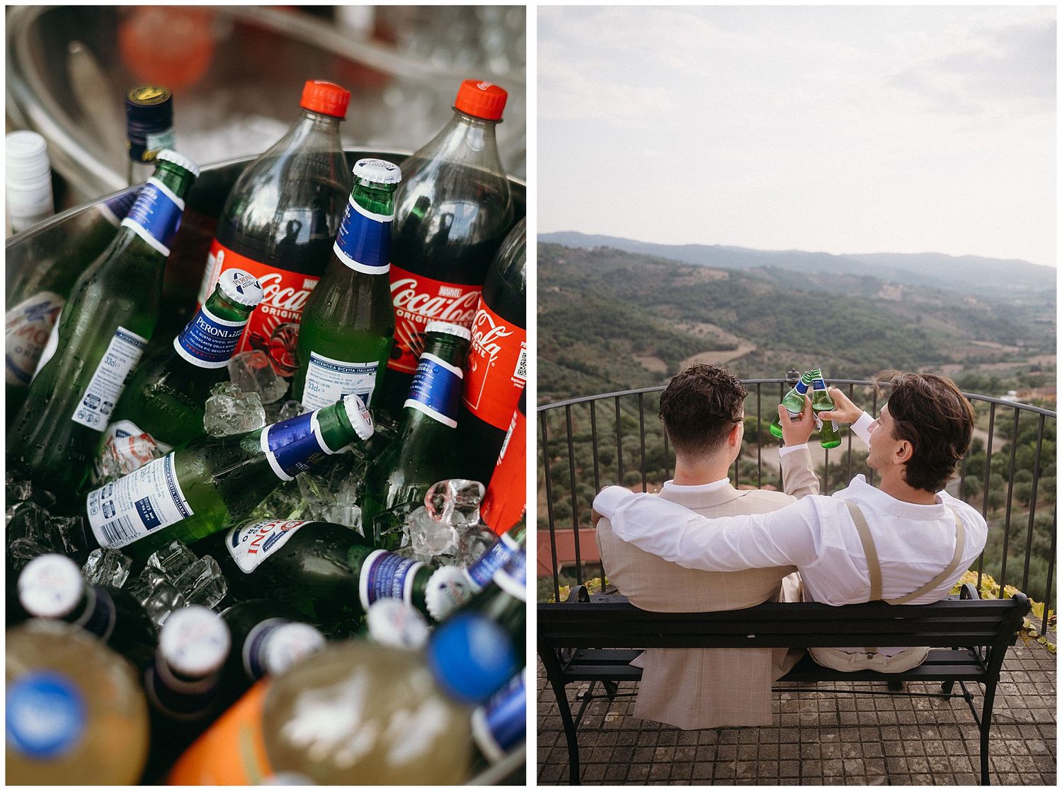 Collage showing soft drink bottles in ice next to couple sitting on bench overlooking scenic mountain landscape.