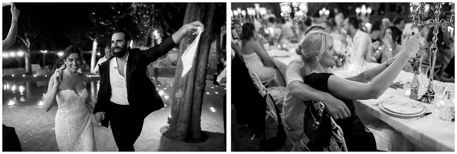 A group of celebratory moments captured at a wedding reception with guests dancing and sharing joyful embraces.