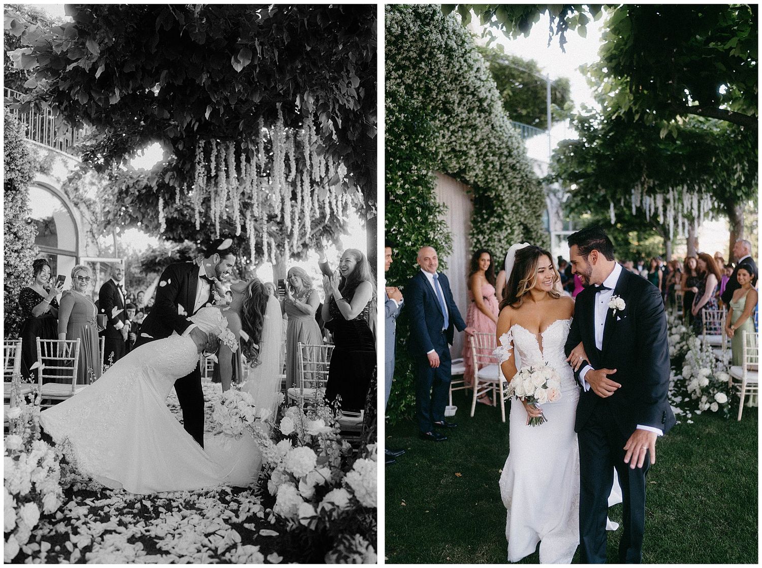 Wedding celebration with couple walking down aisle at outdoor garden venue decorated with hanging flowers.