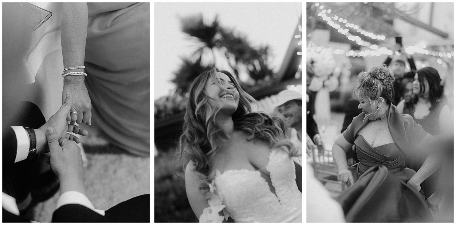 Black and white triptych showcasing candid moments from a wedding celebration, including dancing and joyful moments.