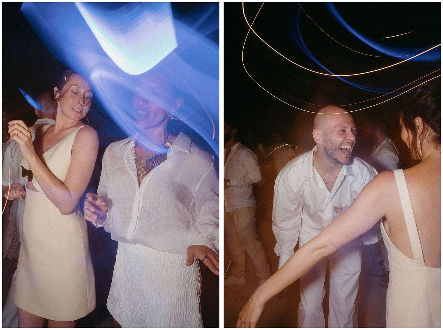 Wedding guests dancing and celebrating at a lively reception with blue lighting effects.