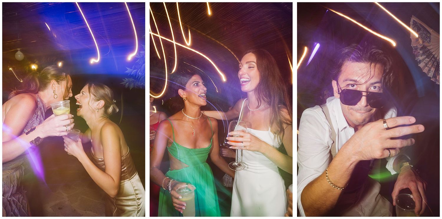 Three party scenes at a nightclub showing people dancing and socializing under colorful lighting.