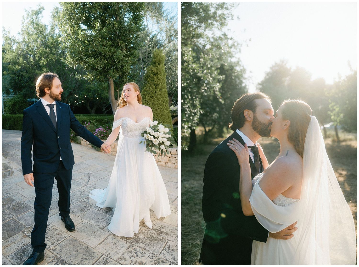 Newlywed couple shares romantic outdoor moments in golden sunlight on their wedding day.