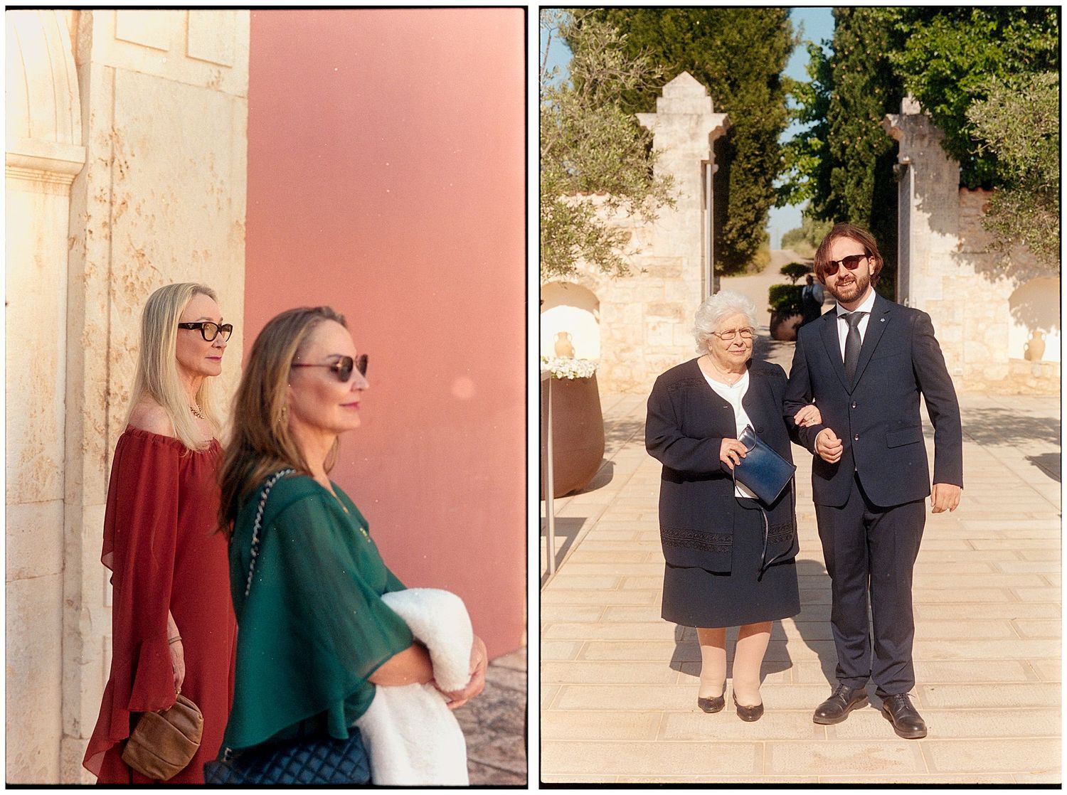 Two side-by-side photos showing a pink wall and a stone staircase outdoors on a sunny day.