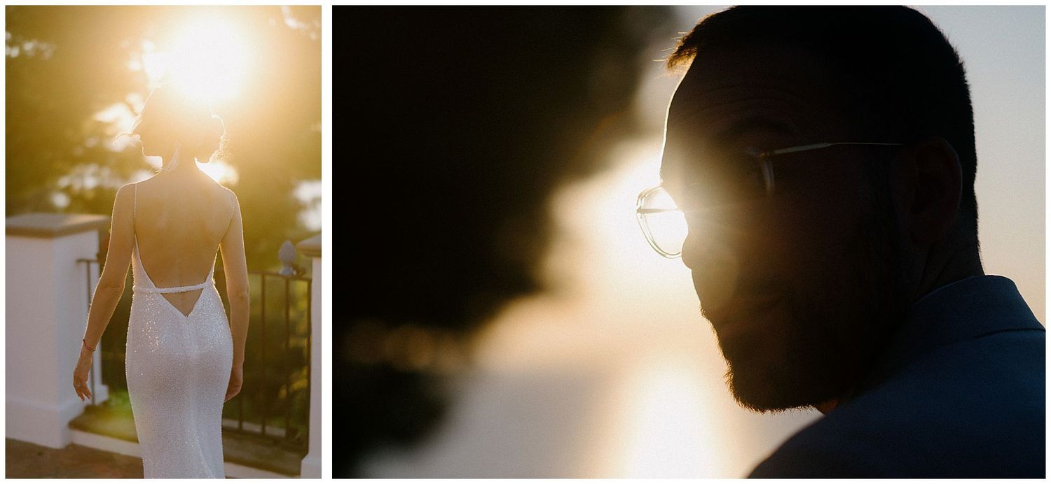 Two side by side images showing silhouetted figures backlit by warm sunlight creating contoured outlines.
