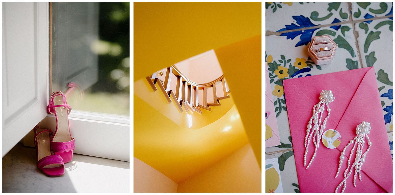 A collage of pink and yellow party decor items including decorative banners, ribbons, and delicate hanging ornaments.