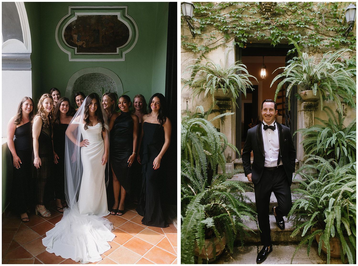 Candid wedding party photos in an outdoor courtyard with lush greenery and garden atmosphere during a modern celebration.