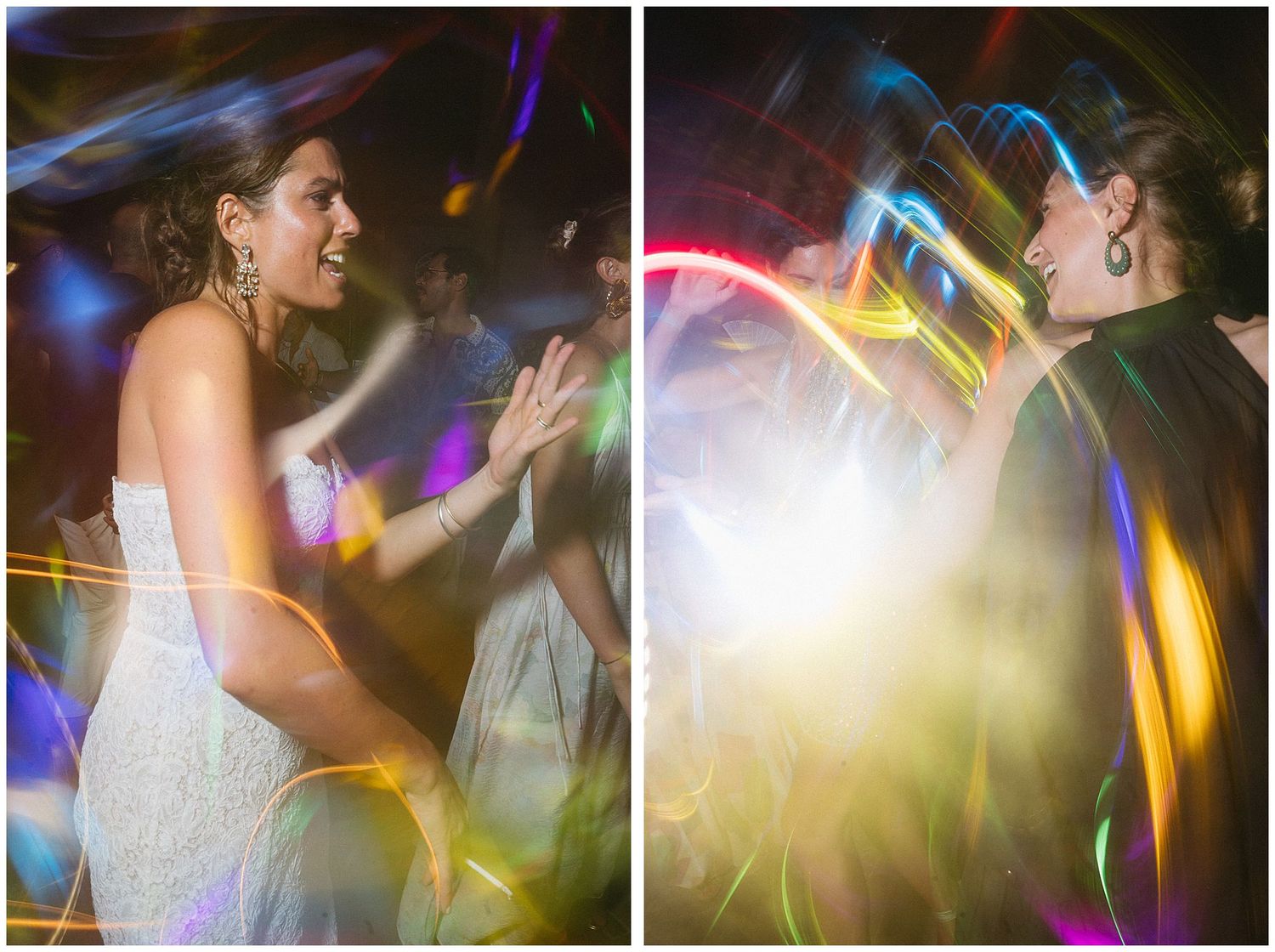 Colorful light trails and motion blur capture dancing and celebration at night club party.
