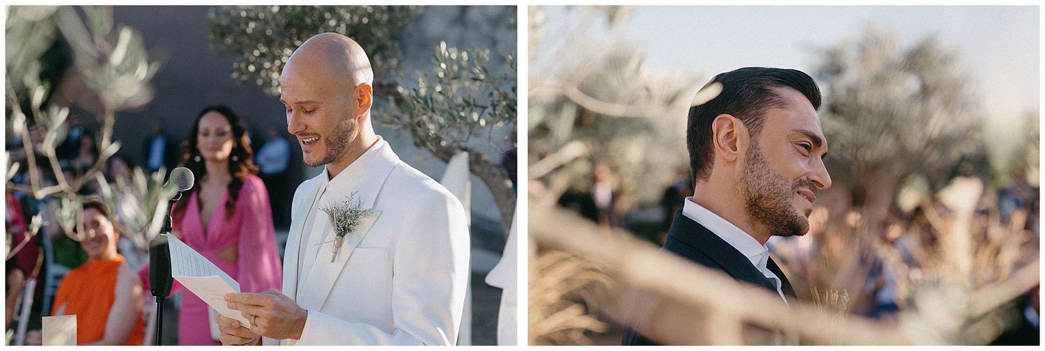 Two wedding photos taken outdoors showing candid moments of the groom and wedding guests during a sunny celebration.