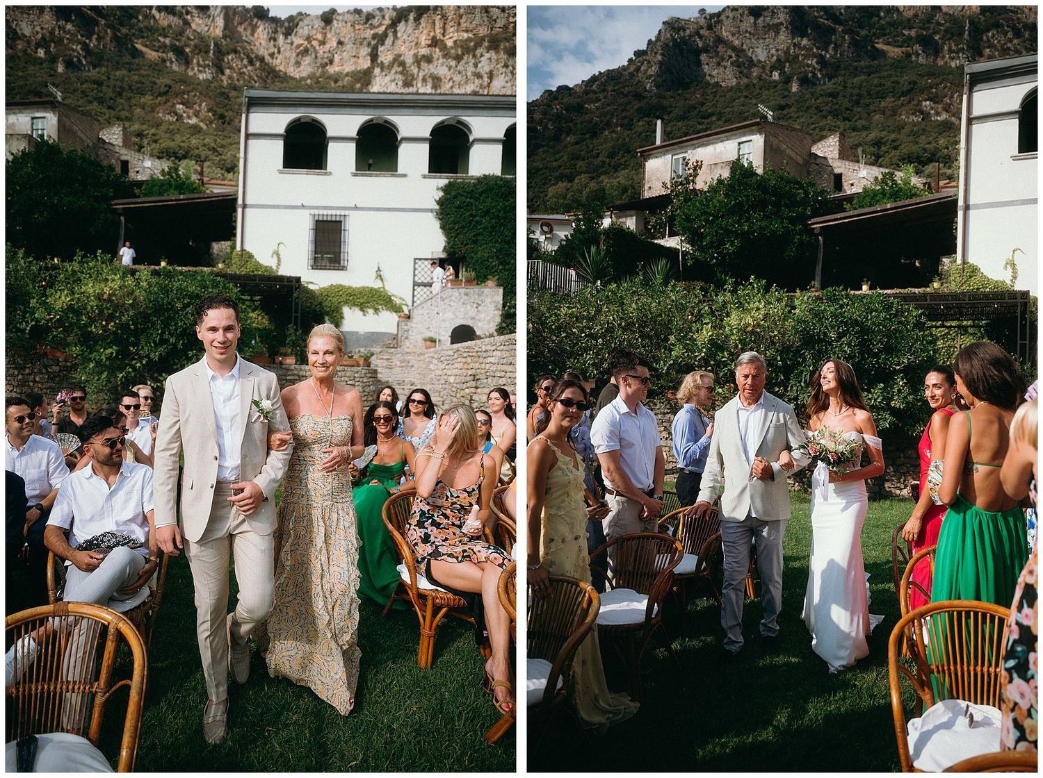 Intimate outdoor Mediterranean wedding celebration with guests mingling and dancing at a scenic mountain venue.