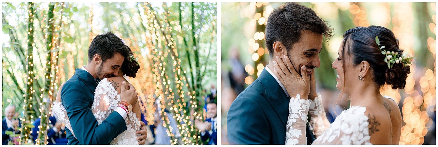 A couple shares intimate romantic moments outdoors during their wedding celebration photoshoot against natural backgrounds.