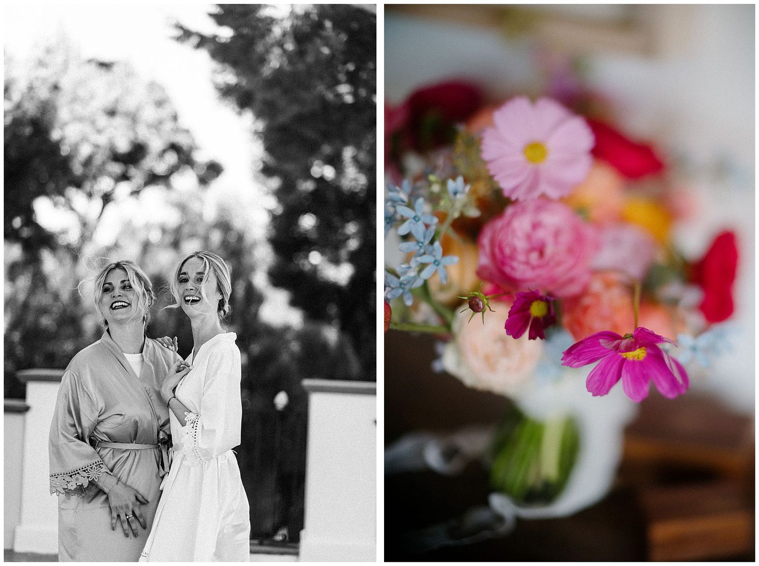 Two people share a candid black and white moment standing together outdoors next to colorful floral bouquets.