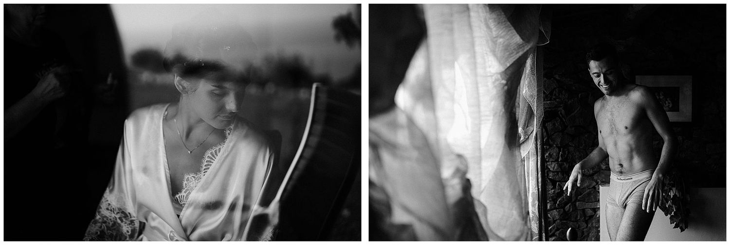 Black and white photographs show an intimate studio scene with a partial view of an instrument player and a sheer fabric.