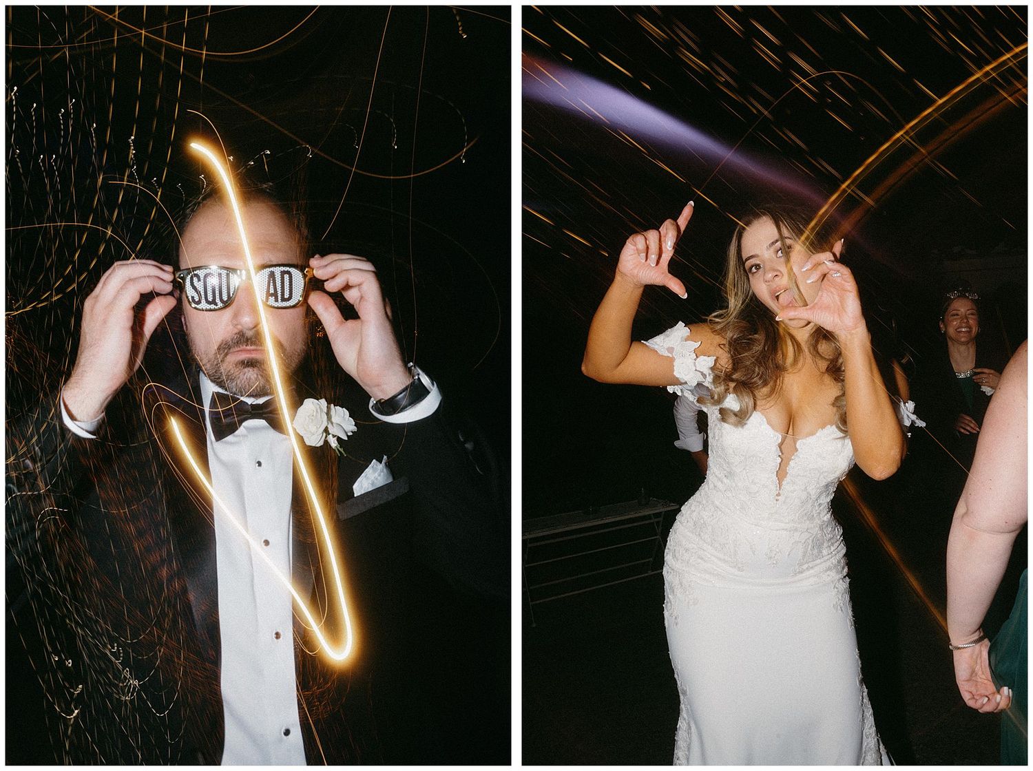 A party scene with people dancing and celebrating at a wedding reception glowing under dark lights and sparklers.