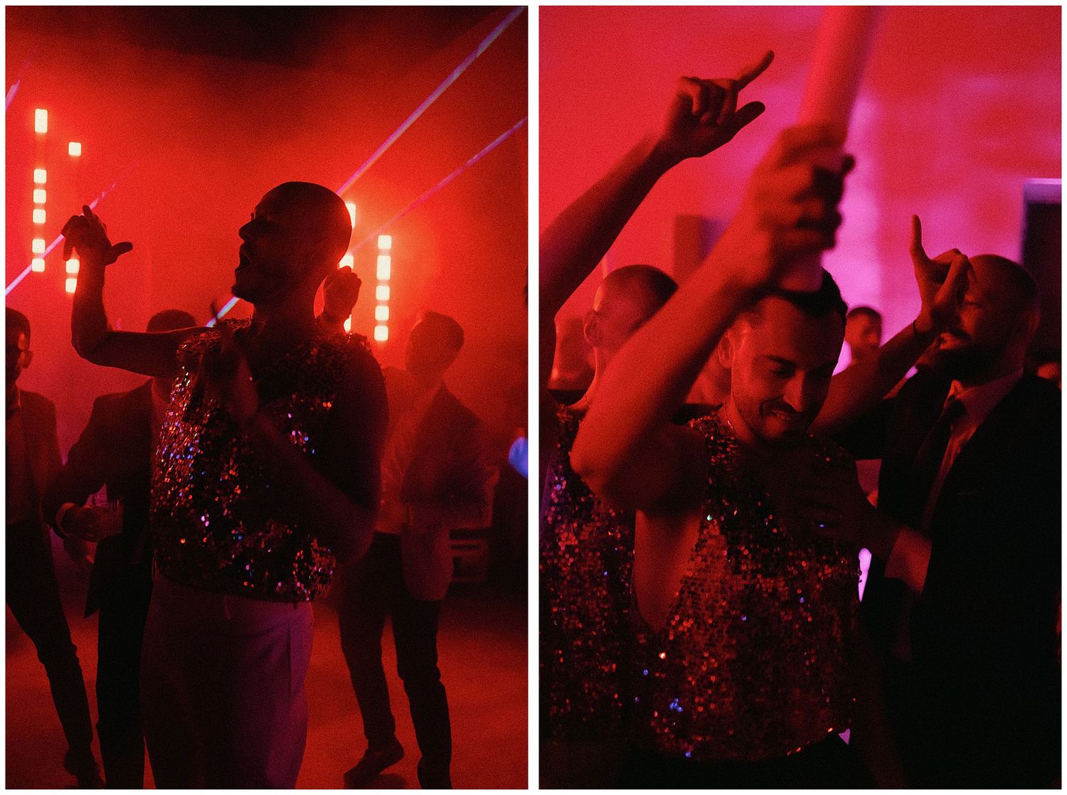 Silhouettes of people dancing in a nightclub with red lighting and a sparkly outfit catching the light.