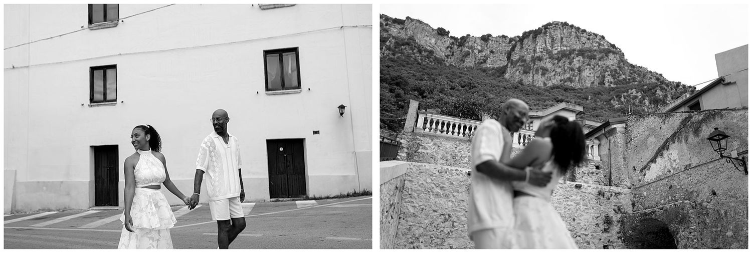 Two artistic black and white photos showing couples walking together with mountains and rustic architecture in the background.