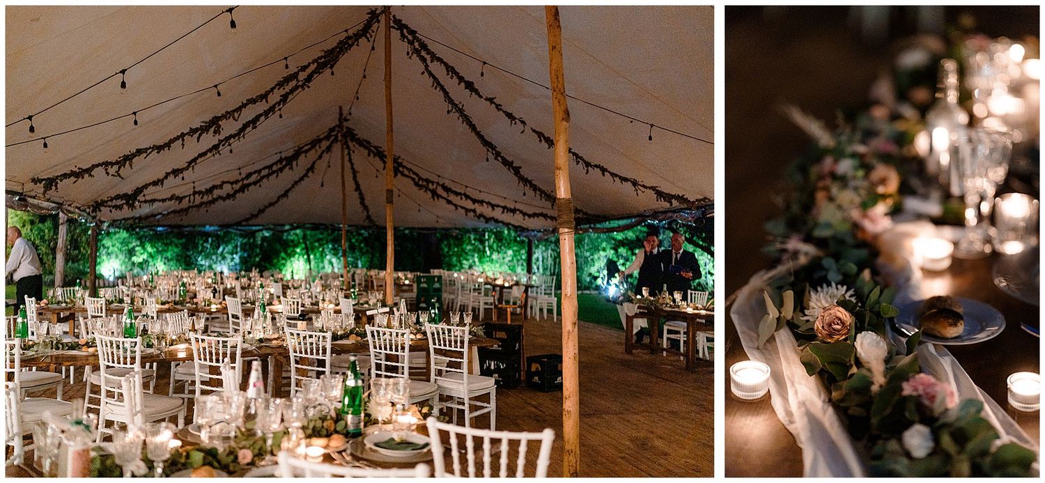 Elegant wedding reception tent with string lights and white chairs arranged for an intimate gathering.
