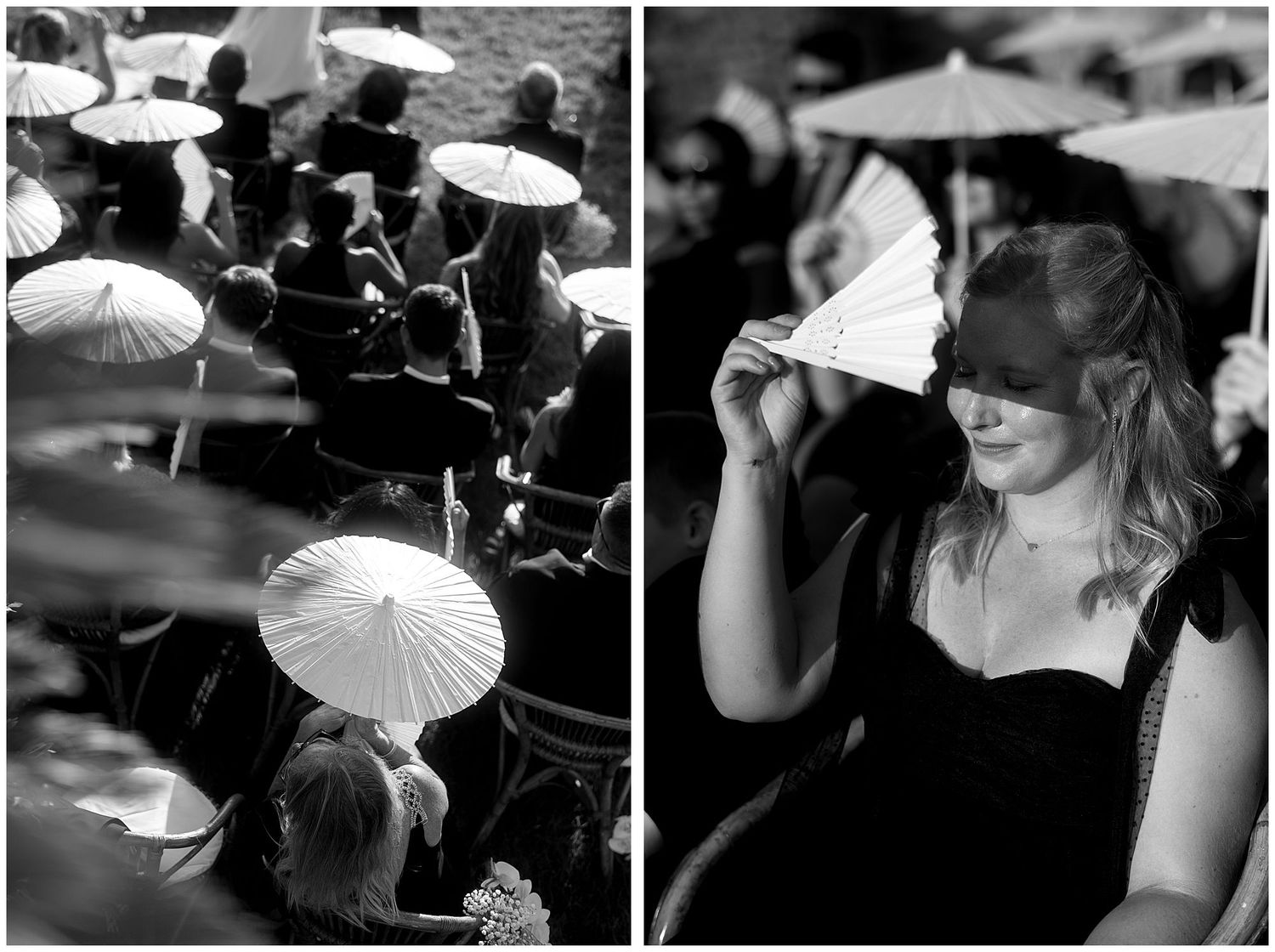A black and white scene showing elegant paper parasols held by people at a formal outdoor gathering.