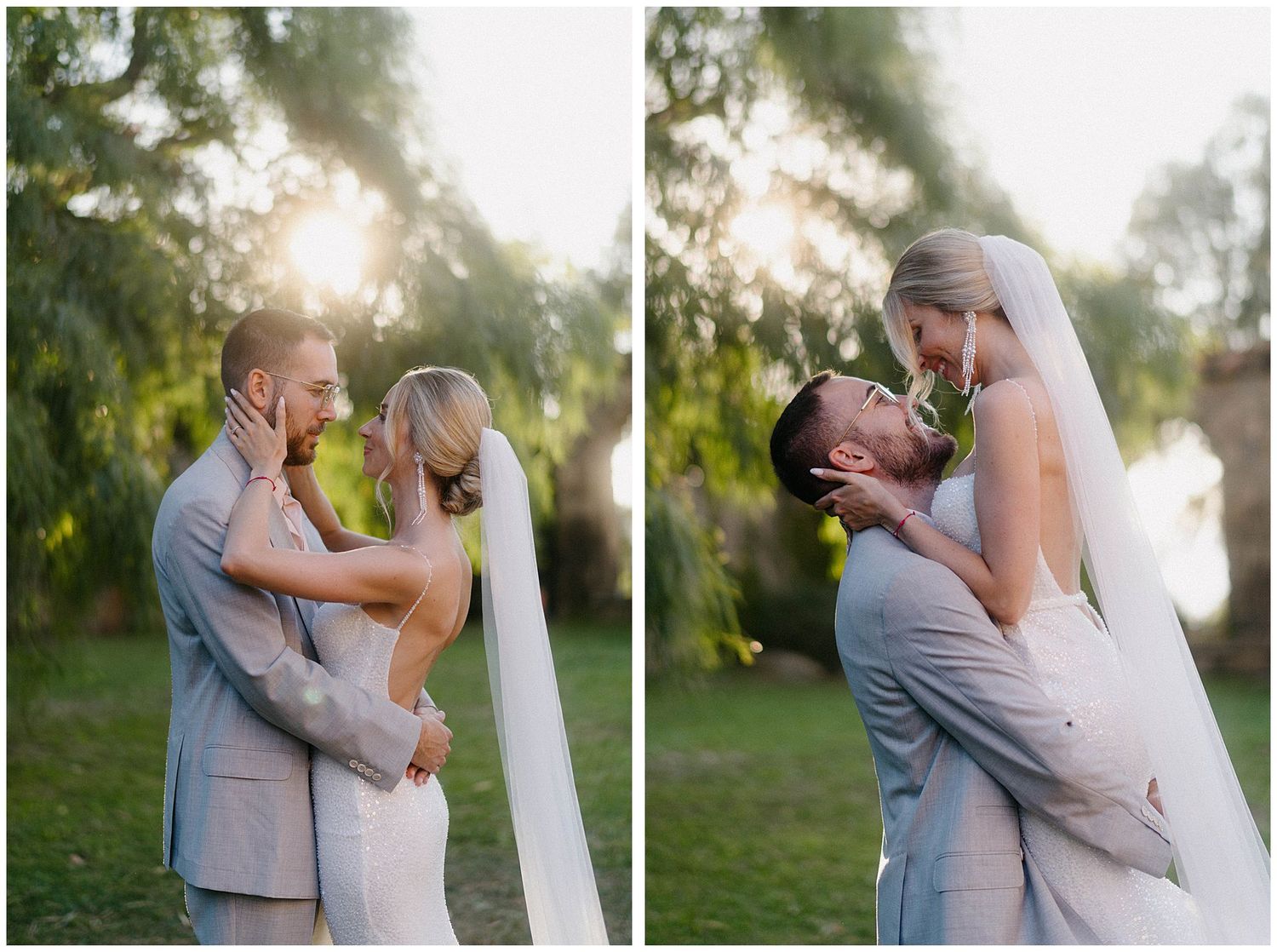 A romantic couple shares intimate moments in a sunlit garden setting while wearing wedding attire.