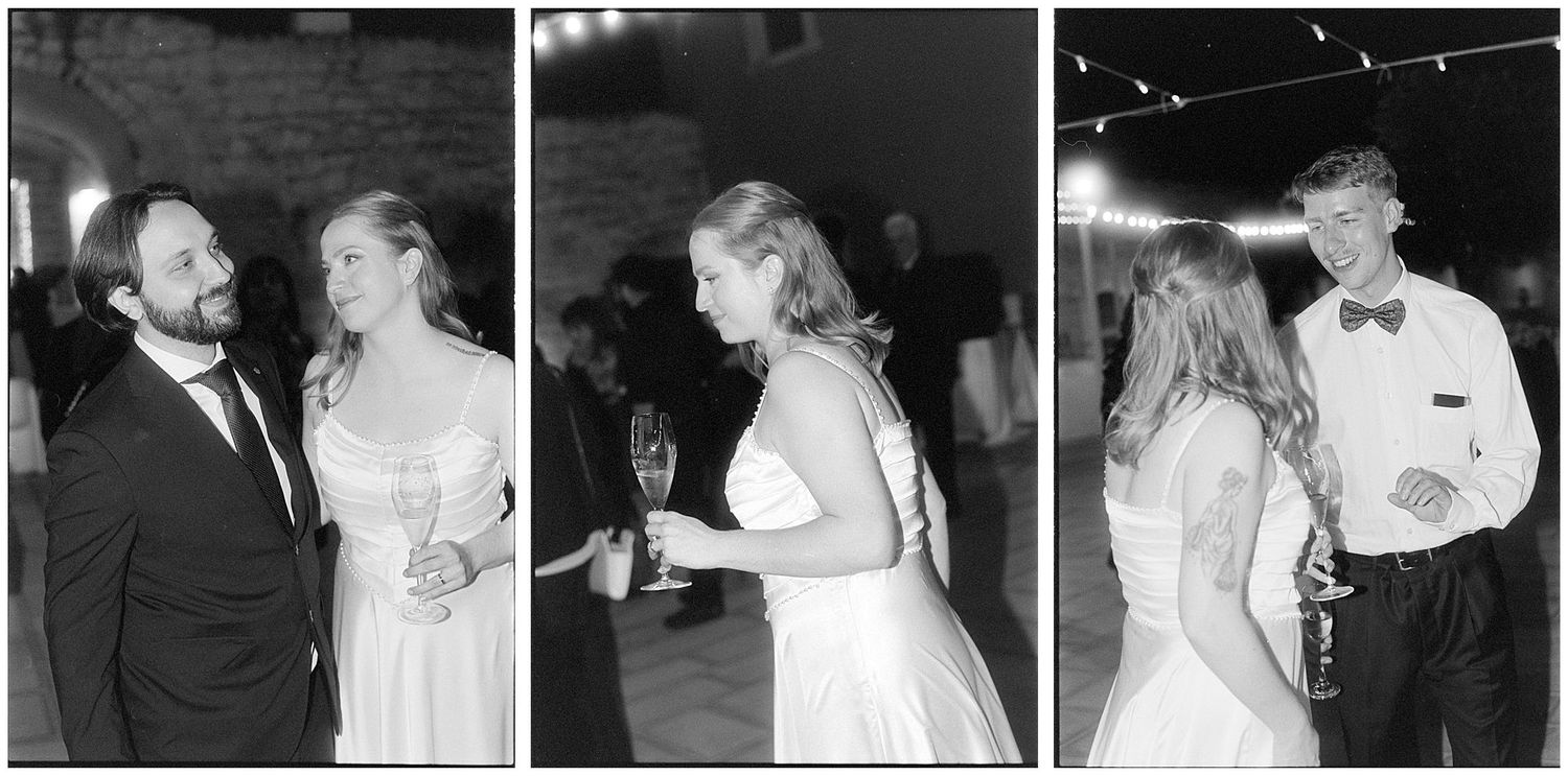 Black and white triptych of formal event showing couples in evening wear having drinks and dancing under string lights.