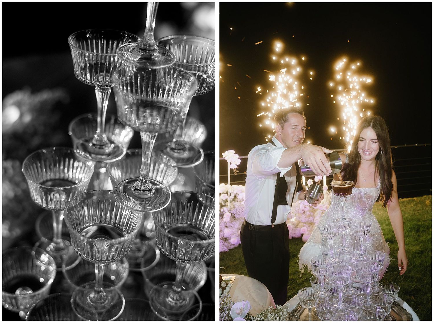 Side by side photos show an elegant champagne tower with crystal glasses and a sparkling celebration with sparklers at night.