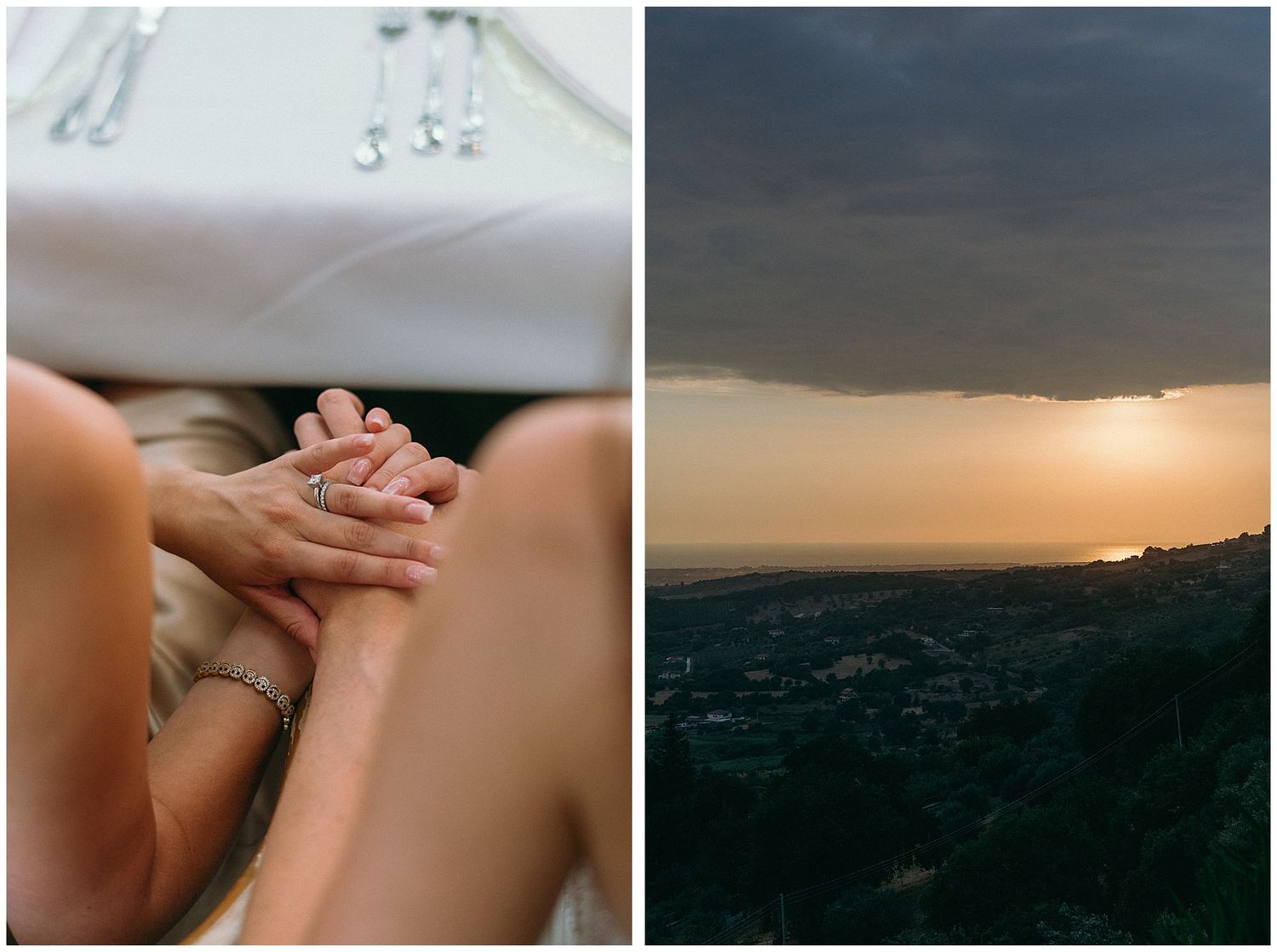 Artistic diptych showing hands clasped tenderly and a dramatic stormy sunset over a dark landscape.