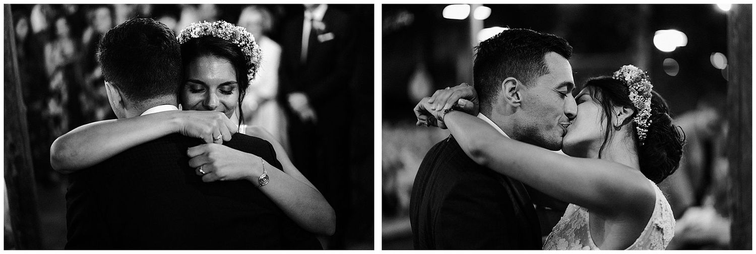 A couple shares a tender embrace while dancing together in black and white side by side photos.
